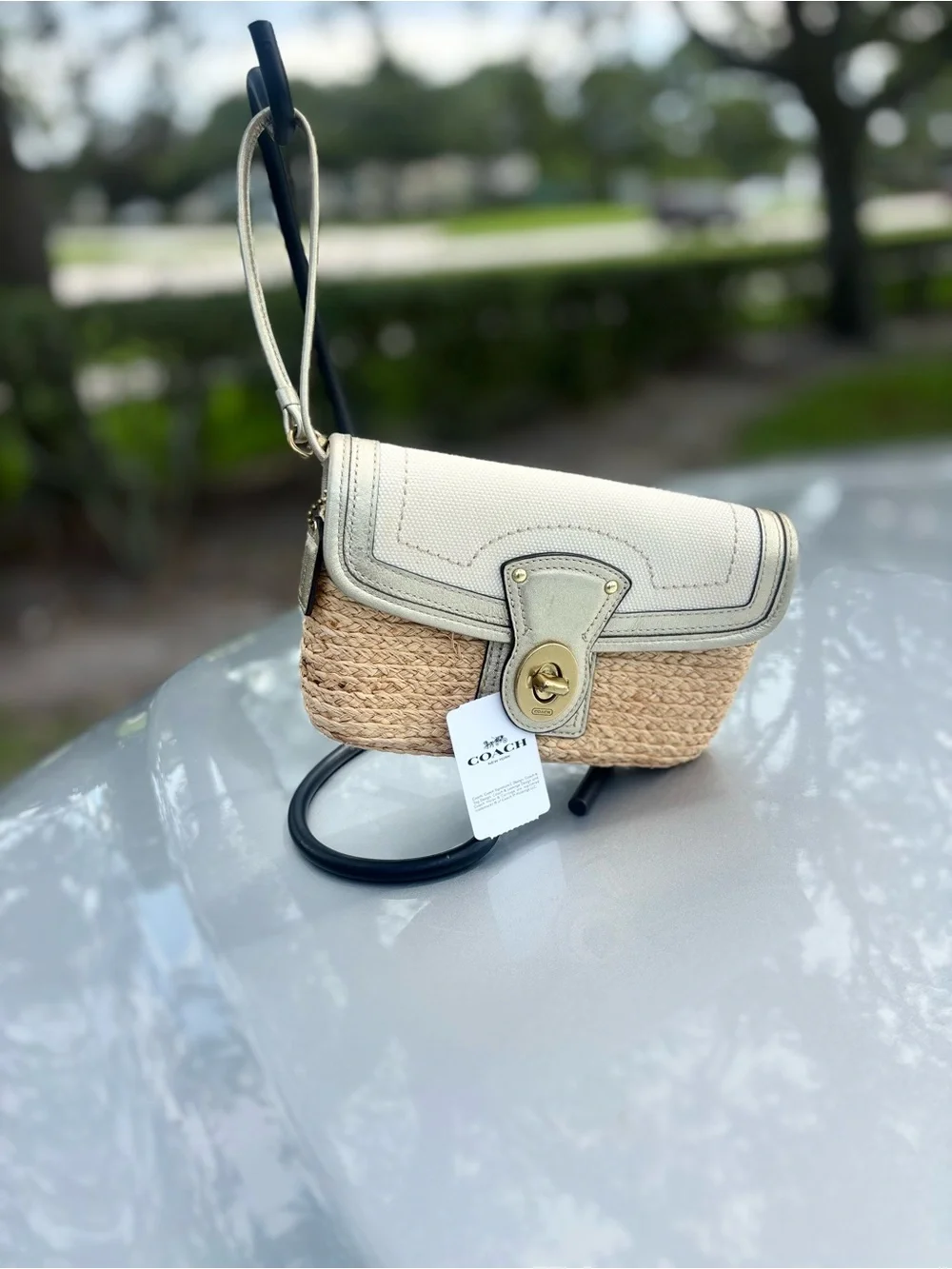 Coach Straw Crossbody with Cream Leather Trim and Gold Hardware